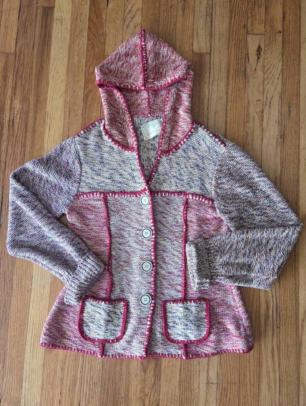 Sparrow Hooded Marled Knit Cardigan Sweater Jacket Red Yellow Button Front Large